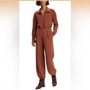 Minsure One Piece Long-Sleeve Zip-Up Sweat Jumpsuit in Rust Brown w/ Pockets